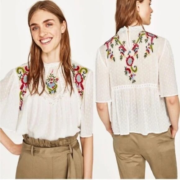 Zara Flowy Floral Embroidered White Blouse Size XS - Picture 1 of 7